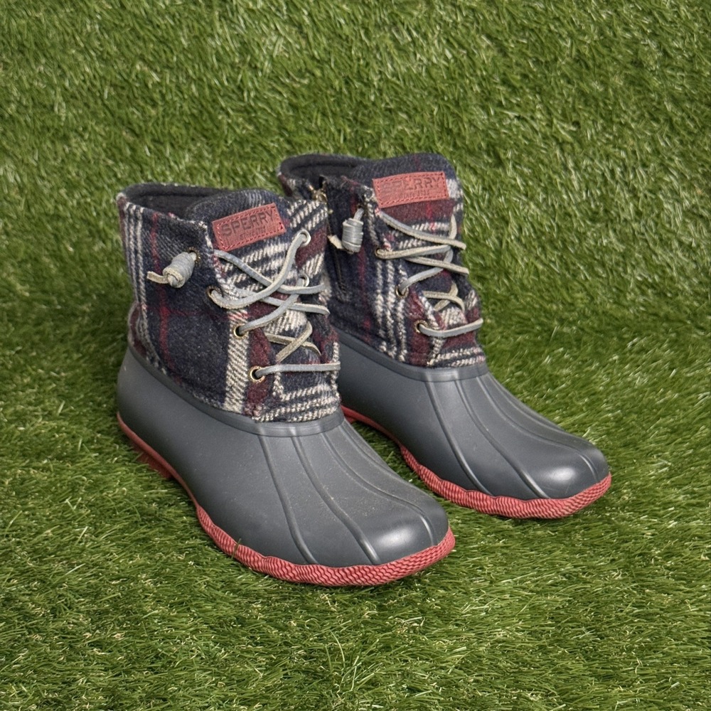 Sperry Saltwater Duck Boots Womens 6 Blue Red Wool Plaid Waterproof STS99716